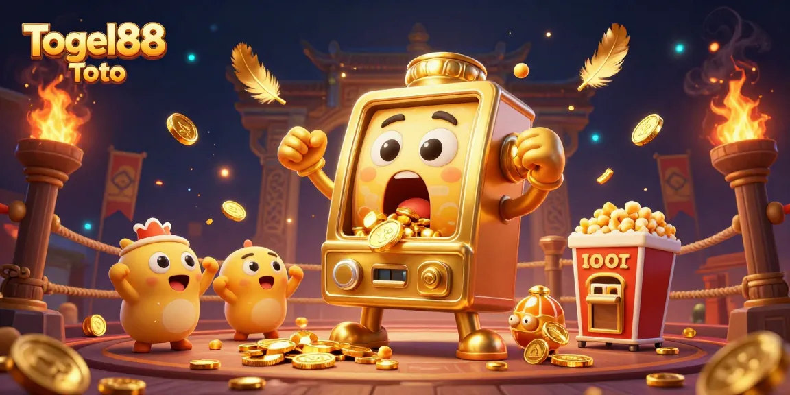 Play exciting games at Togel88 Toto, where a golden slot machine hits the jackpot in a vibrant casino scene.