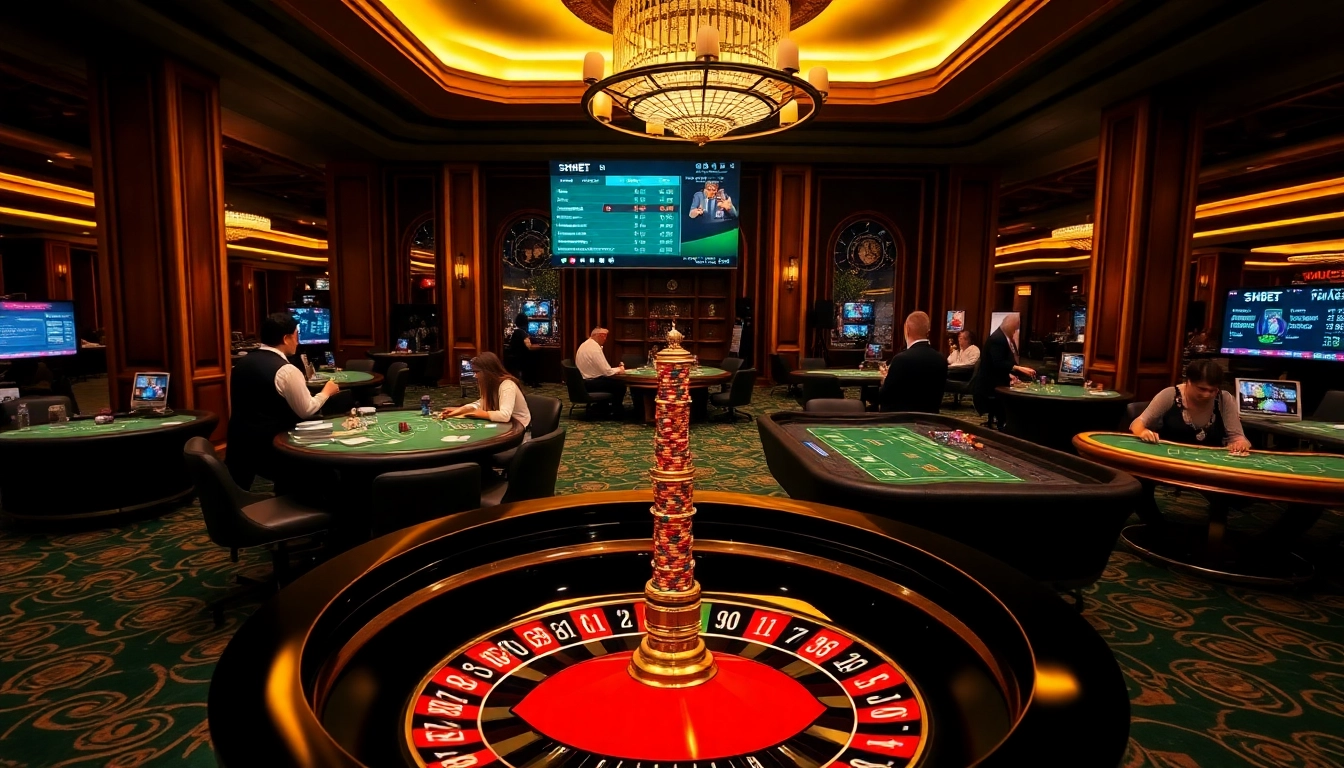 Players enjoying SHBET casino games with vibrant decor and professional atmosphere.