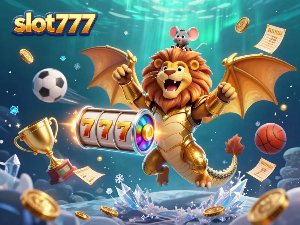 Permainan slot777 menampilkan simbol mesin slot dan jackpot menggiurkan dalam ilustrasi 3D yang menarik.