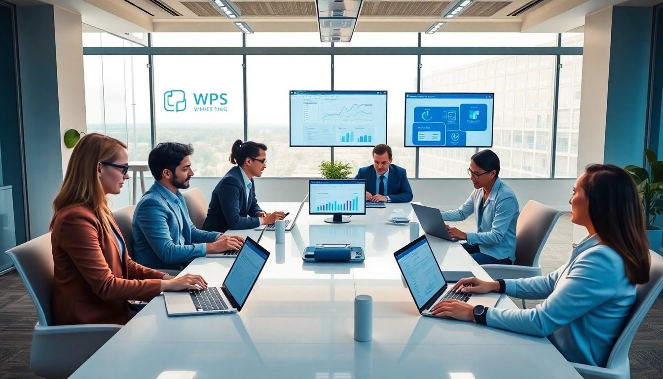 Professionals using WPS官网 in a modern office setting to enhance productivity.