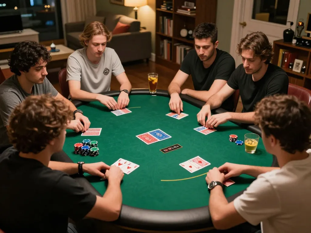 Poker night scene with friends playing around a green felt table while enjoying drinks, highlighting 28bet strategy.