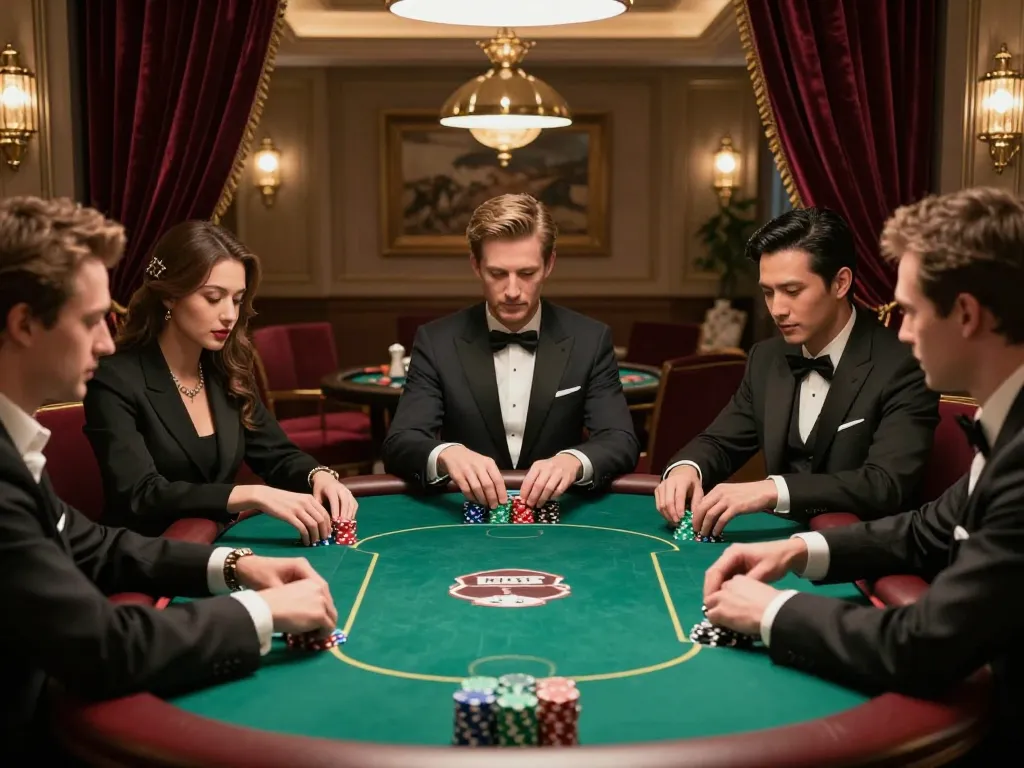 F168VIP members enjoying a strategic poker game at a luxury casino, showcasing a high-stakes atmosphere.