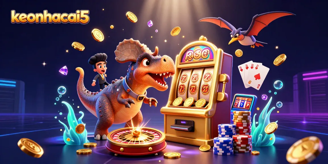 Experience the excitement of keonhacai5 as dinosaurs battle for jackpot coins from a slot machine.