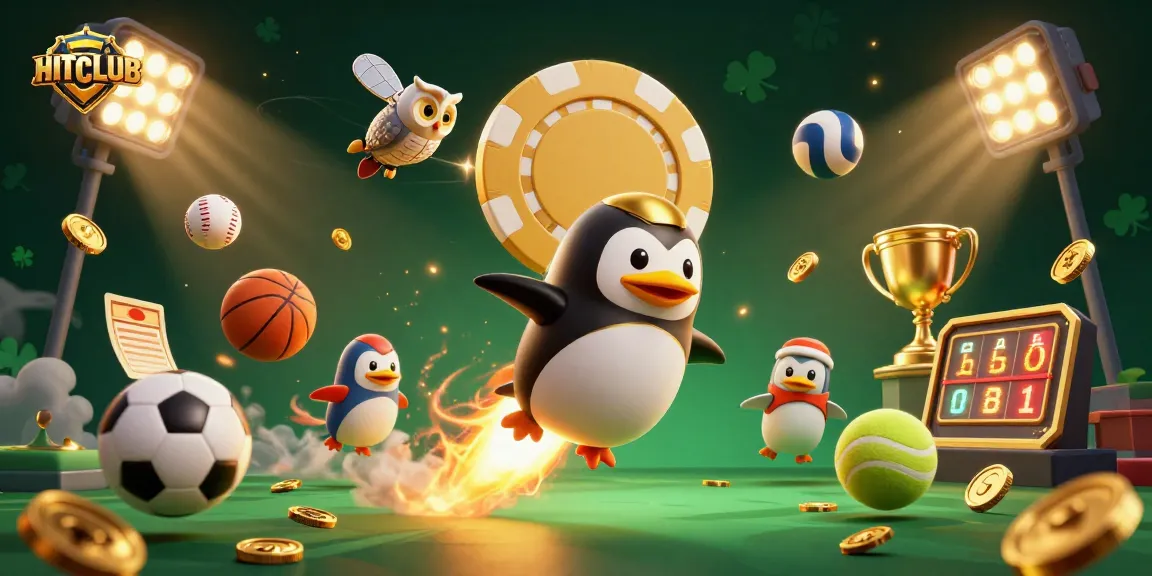 HITCLUB shines bright in dynamic casino-themed illustration showcasing a penguin racing through space.