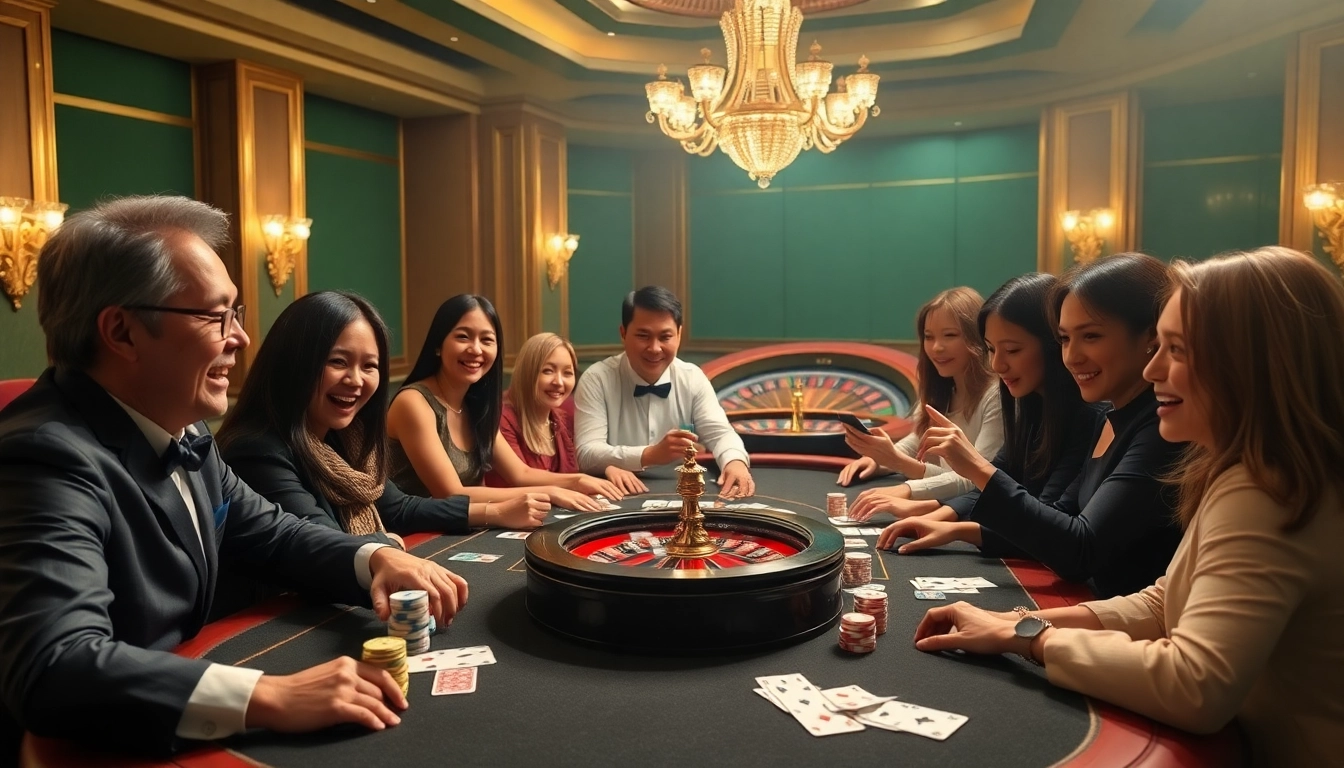 Experience the excitement of casino gaming at ZX88 with a luxurious table setting and eager players.