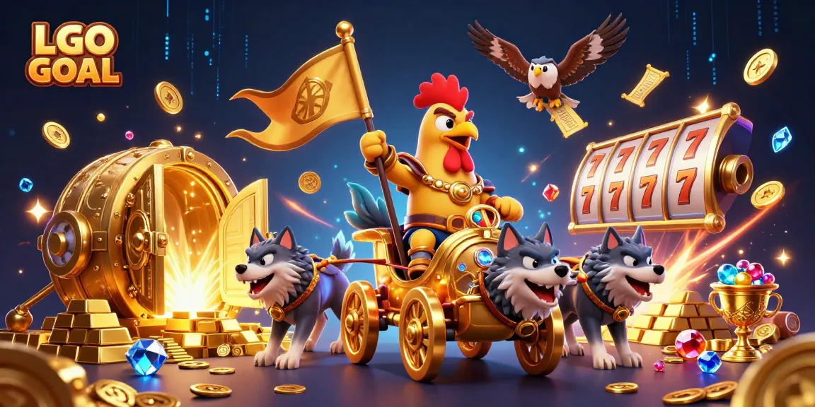 LGO GOAL showcases a legendary rooster warlord and golden chariot among opulent casino treasures.