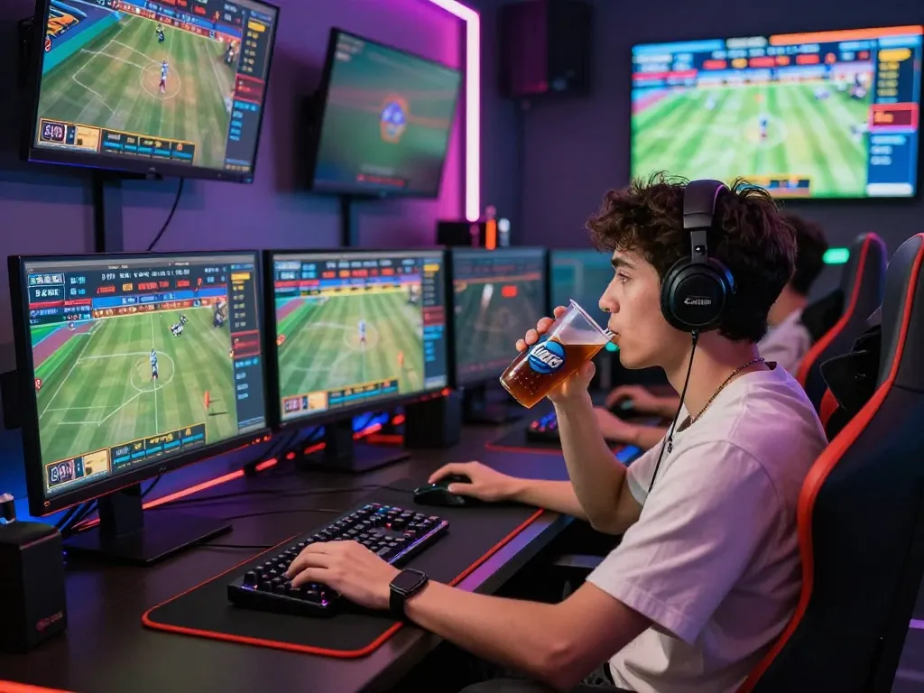 Engaged player on desktop betting with 8kbet games and colorful LED lights.