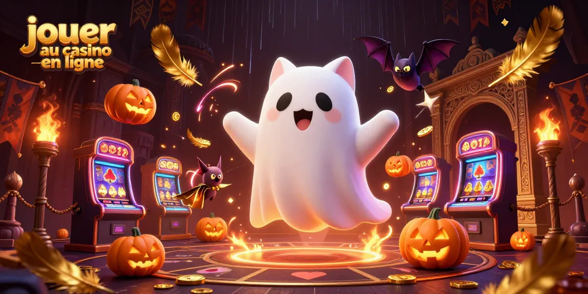 Jouer au casino en ligne avec un chat fantôme amusant et un vampire dans une scène de casino animée.