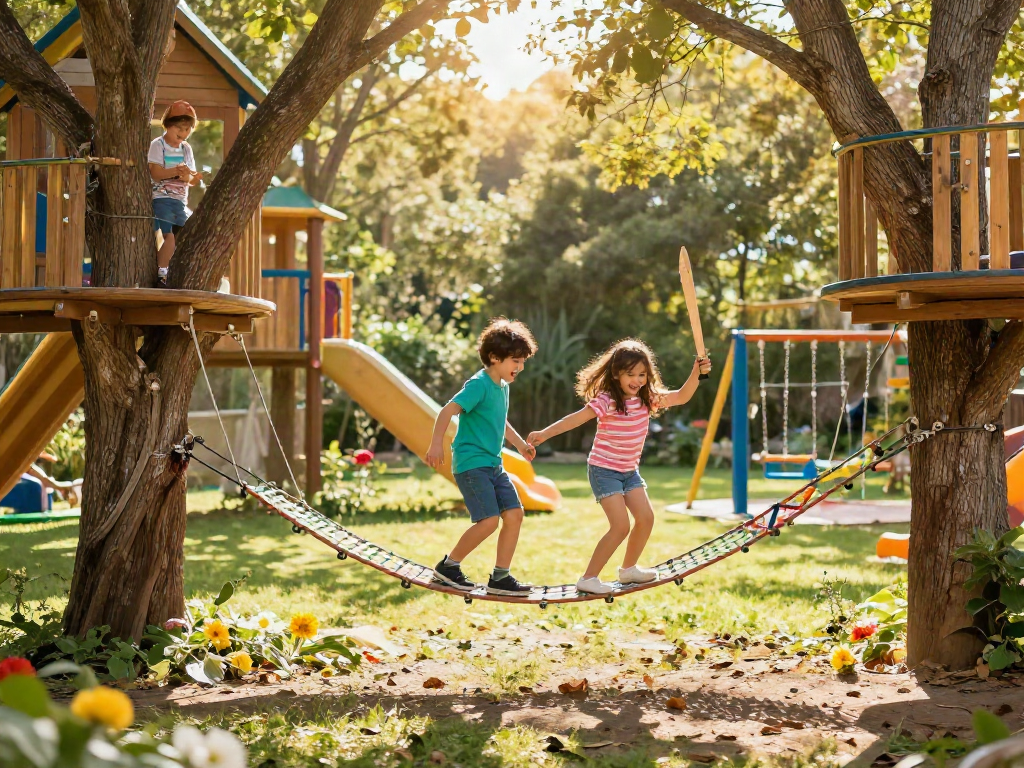 Children laughing on a colourful rope bridge between tree platforms, showcasing outdoor adventure and play.