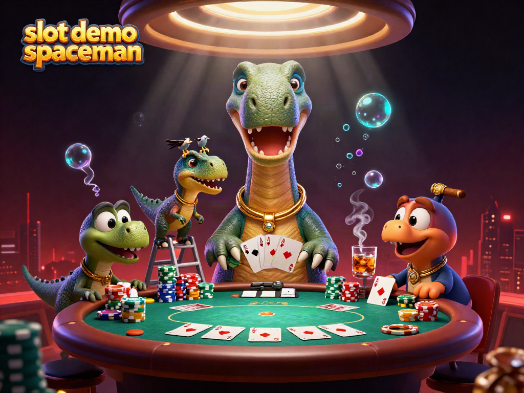 Explore the vibrant slot demo spaceman adventure with dinosaurs and poker action in a dynamic casino scene.