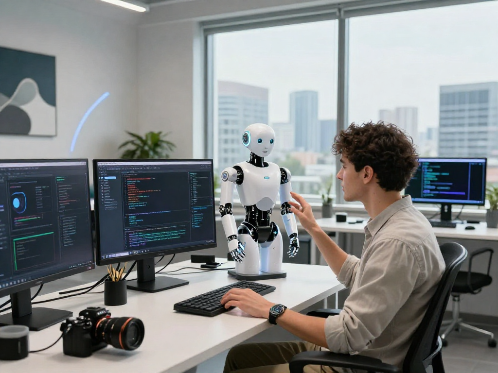 Engineer programming a sex bot in a modern tech workspace with multiple screens and a city view.