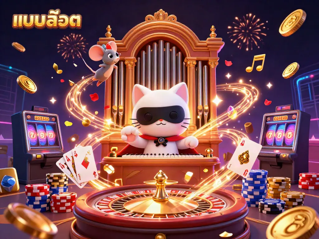 Engage with แบบสล็อต as cascading coins and gem stones enhance an exciting casino scene.