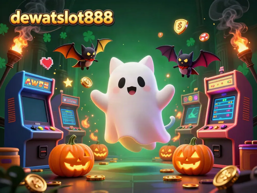 Gambar dewataslot888 yang menampilkan kucing hantu ceria dalam kasino berhantu dengan elemen permainan.