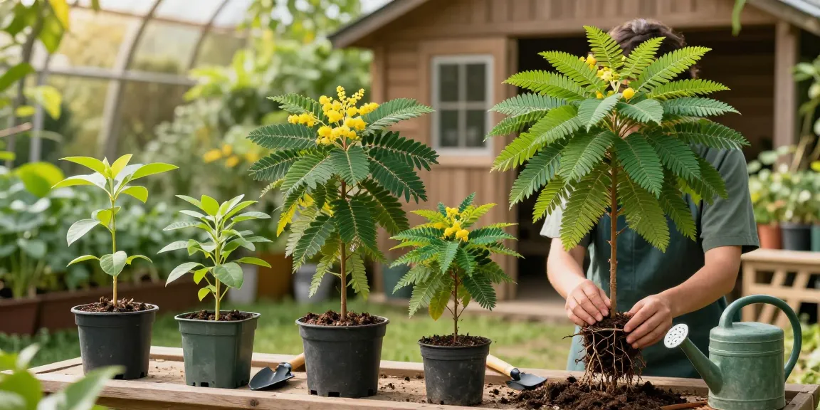 Mimosa hostilis root bark for sale in a vibrant botanical garden scene with a gardener nurturing the plants.
