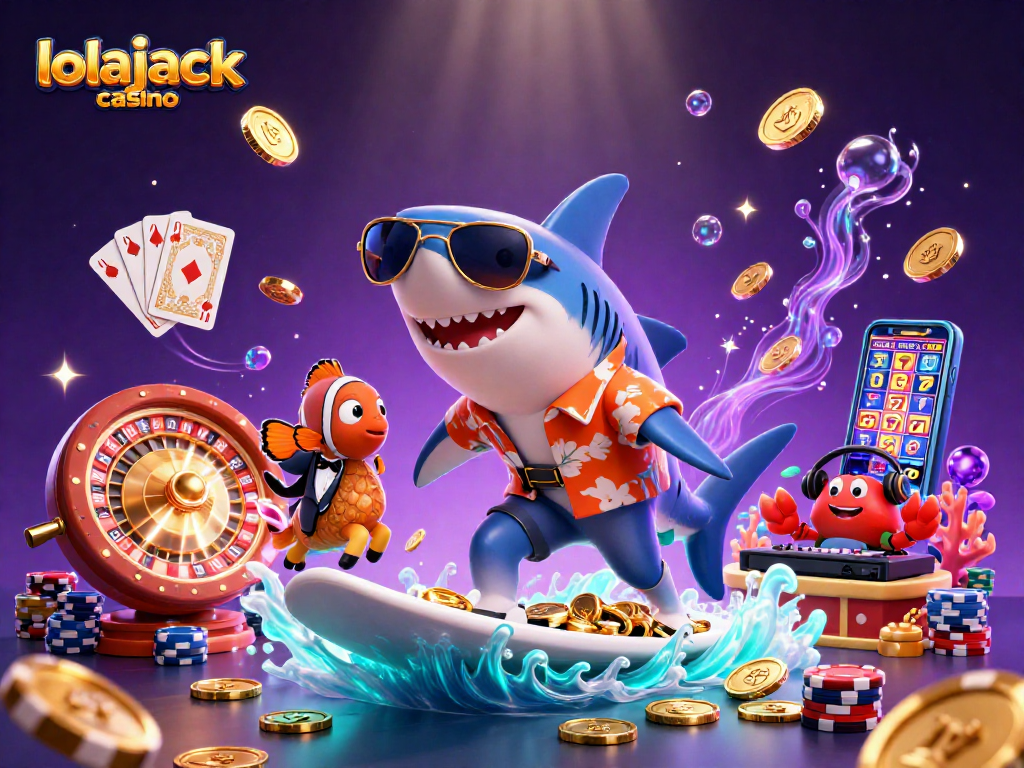 Experience the fun of lolajack casino with a vibrant 3D illustration filled with casino elements.