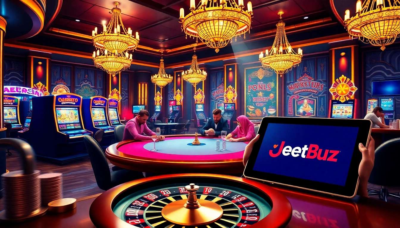 Exciting gambling atmosphere at Jeetbuzz with poker players and luxury casino elements.