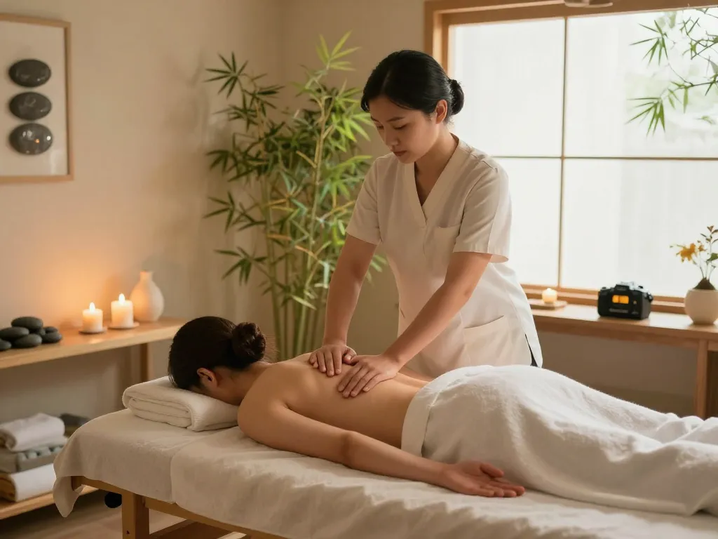 Massage therapist providing a soothing 마사지 in a tranquil spa setting with calming elements.