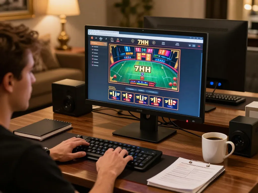 Engaging in online casino games at 7hh with a sleek setup and strategy notes.