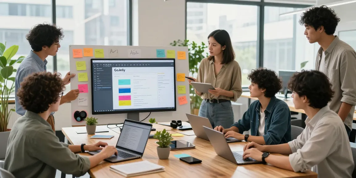 Team brainstorming on mixboard ai in a collaborative workspace with digital tools and natural light.
