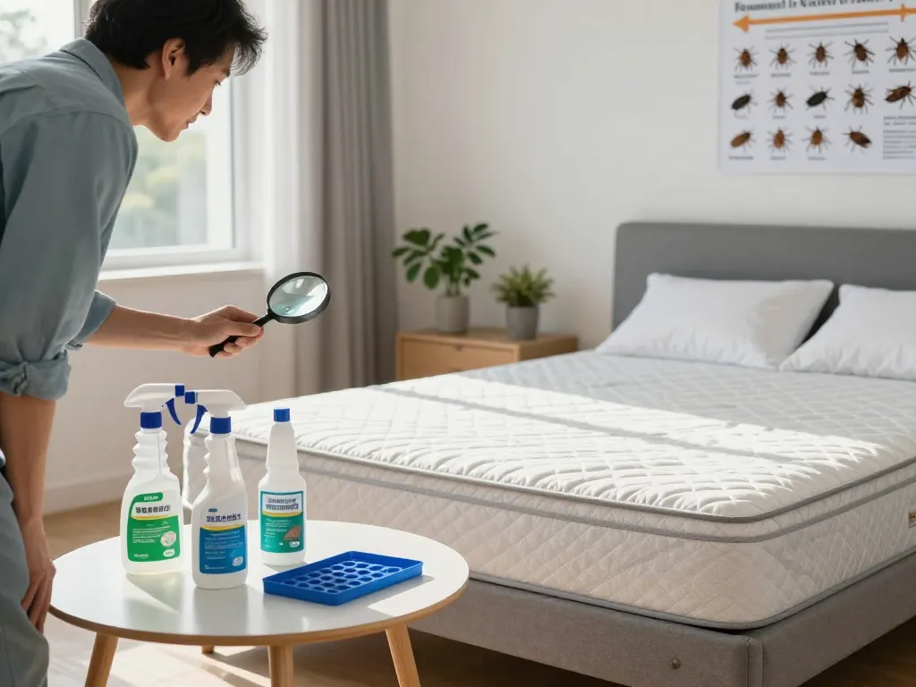Homeowner inspecting for bed bugs with a pest control guide for effective prevention.