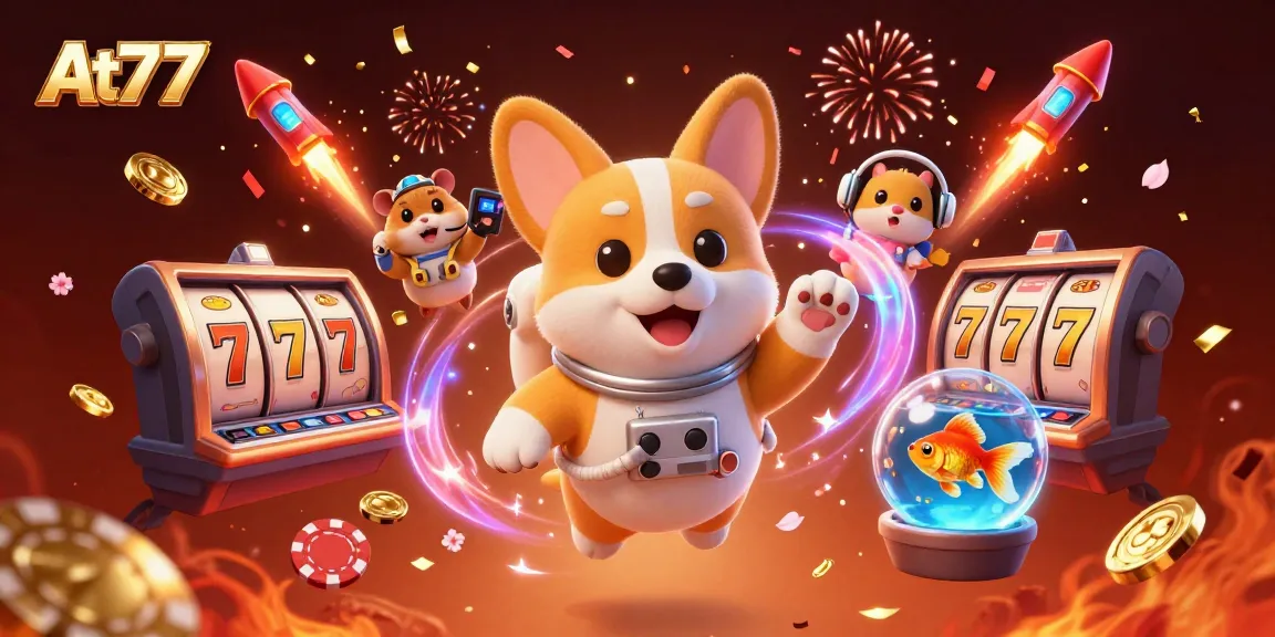 At77's casino adventure featuring an astronaut corgi guiding players in a vibrant space station