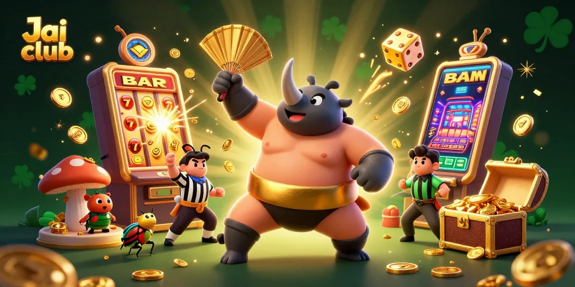 Experience thrilling action at Jai club with a dynamic illustration of beetle champions and casino jackpots.