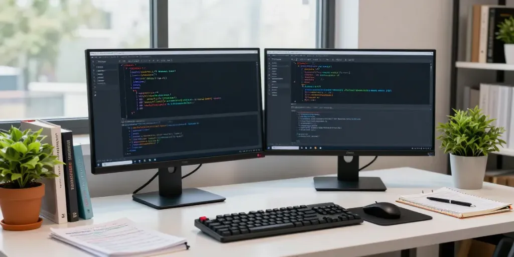 Dynamic developer working on Notepad++ at a modern office desk, showcasing coding and syntax highlighting features from https://notepad-app.co/.