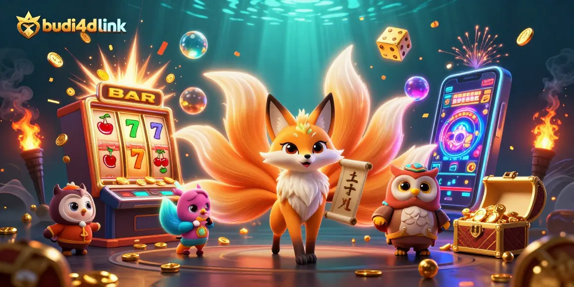 Experience gaming excitement with budi4d link featuring a vibrant slot machine, lucky symbols, and enchanting spirits.