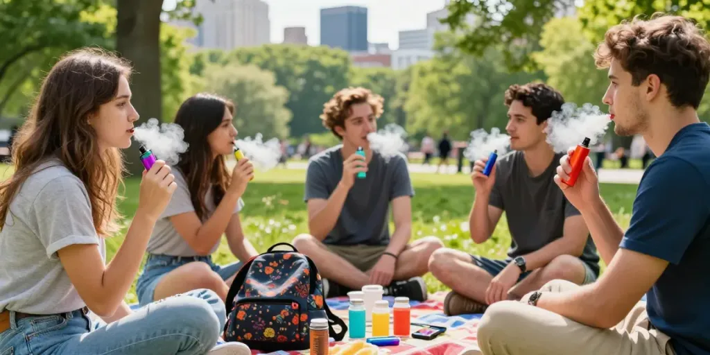 Group enjoying Hitz infinity Gen 7 vapes in urban park