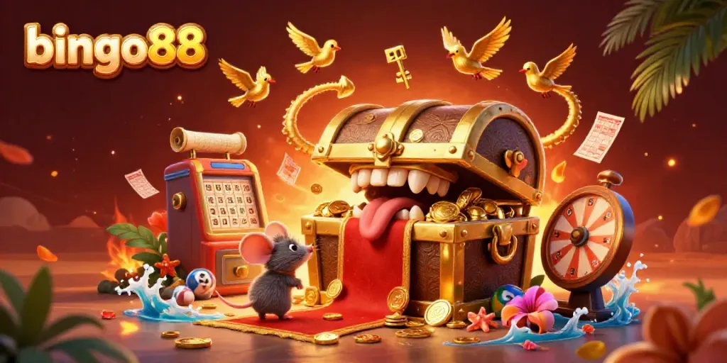 Mengambil bagian dalam permainan bingo88 dengan mesin lotere, kartu bingo, dan elemen dekoratif menarik lainnya.