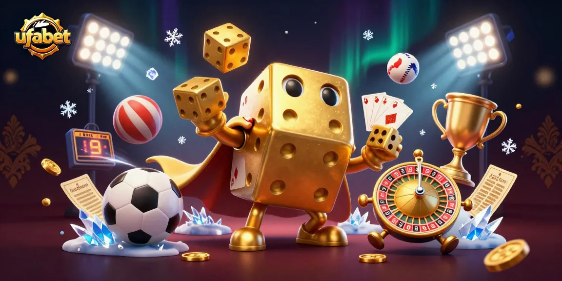 Experience thrilling sports betting with ufabet's dynamic gaming scene featuring golden dice and trophies.