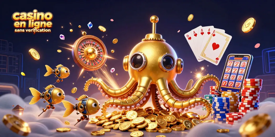 Entrez dans l'univers du casino en ligne sans vérification avec une illustration captivante de créatures marines et de pièces d'or.