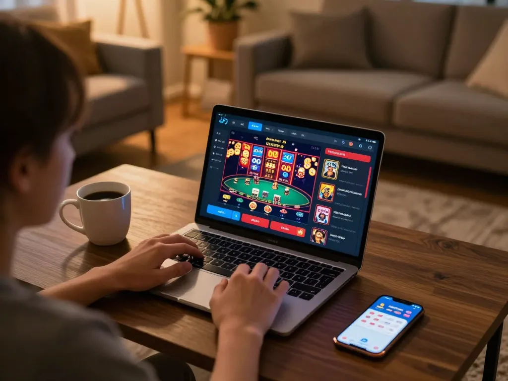 L567 user engaged in online casino gaming at home, showcasing poker and slots gameplay.