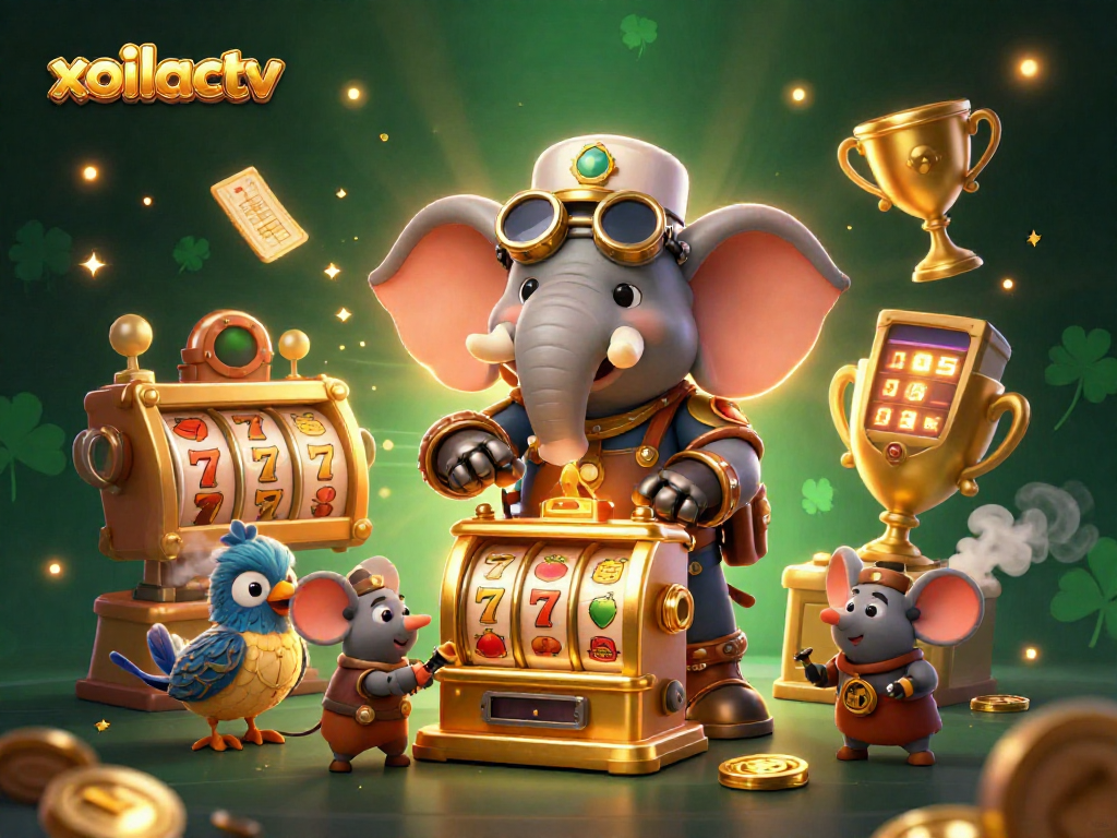 Spin to win with xoilactv's vibrant 3D casino scene featuring engaging slot machines and lively characters.