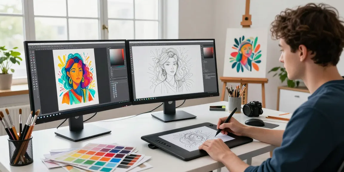 AI prompt image generation in a vibrant studio with a digital artist creating AI art.