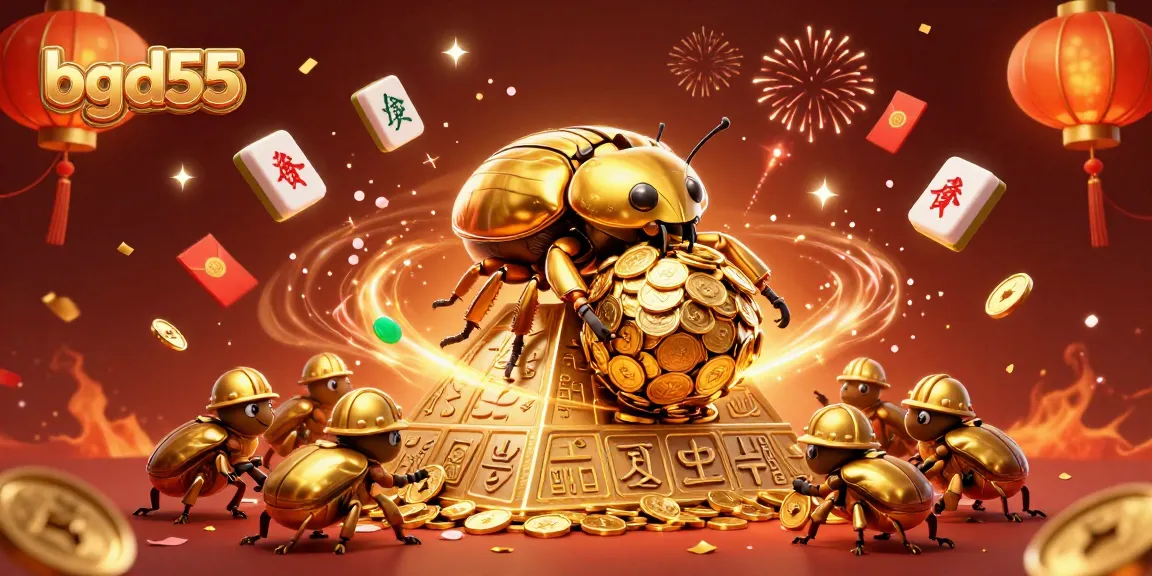 Experience the thrill of bgd55 as the golden beetle rolls a jackpot of coins in this vibrant illustration.