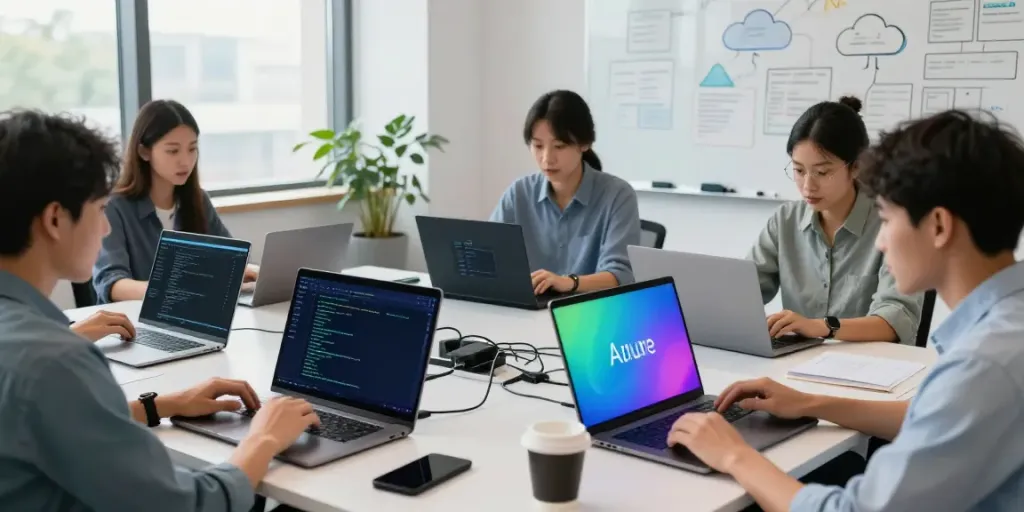 Team collaborating on microsoft azure managed services in a modern workspace.