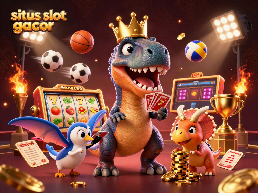 Engage with situs slot gacor through a vibrant 3D casino scene featuring cheerful dinosaurs and dynamic slots.