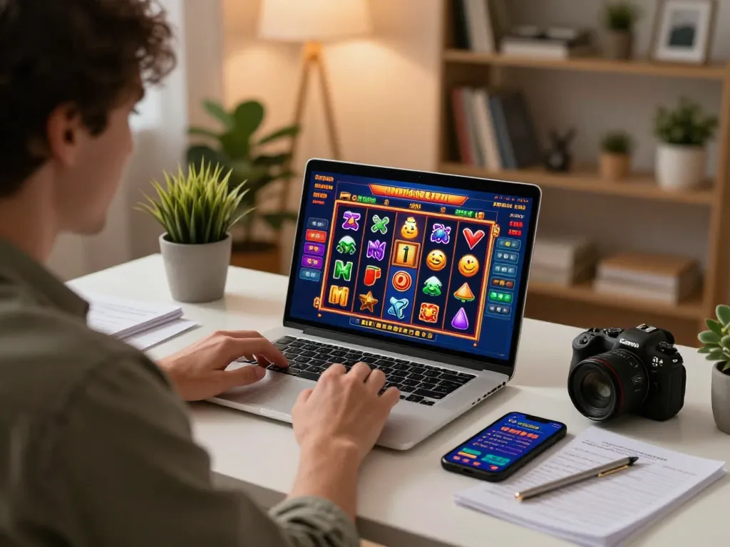 8kbet player engaging with online casino slots at home in cozy, inviting atmosphere.