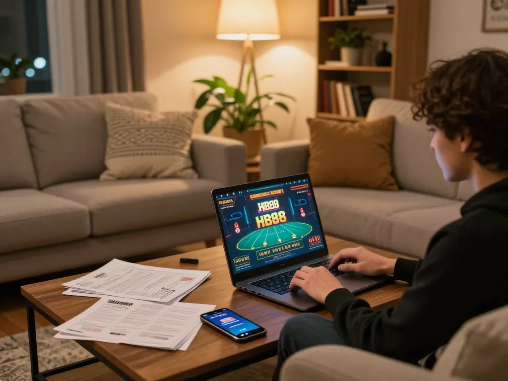Player enjoying HB88 online casino gaming on a stylish sofa in a cozy setting.