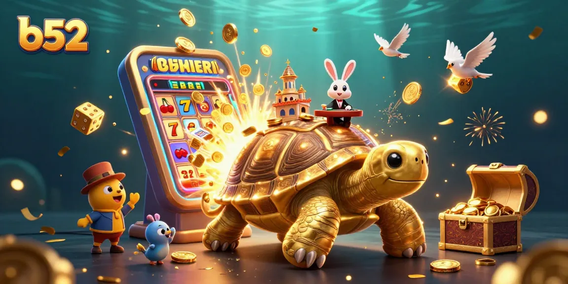 Experience the excitement of b52 with a giant tortoise casino scene featuring a rabbit dealer and golden coins.