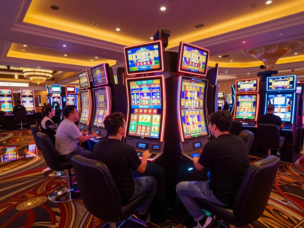 Excited player engages with vibrant slot machines, aiming for slot bet 100 wins amidst lively casino environment