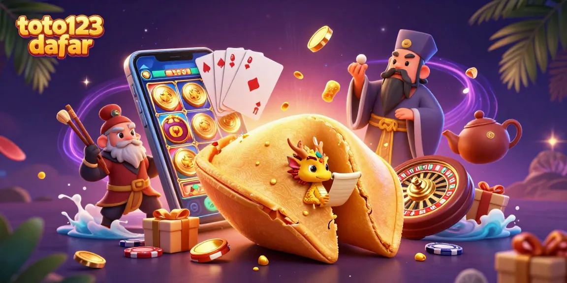 Toto123 daftar spinning slot games with a giant fortune cookie and lucky dragon in a vibrant casino scene.
