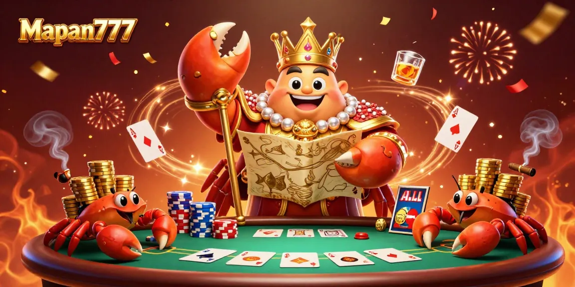 Engage in thrilling gameplay with Mapan777 showcasing a golden crab emperor and poker elements.