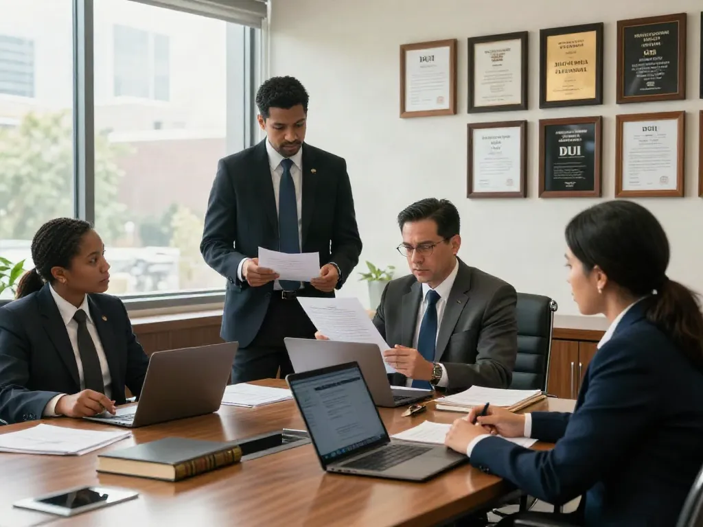 Diverse criminal defense attorneys discussing a DUI fatal accident Smyrna GA case in a collaborative office setting.