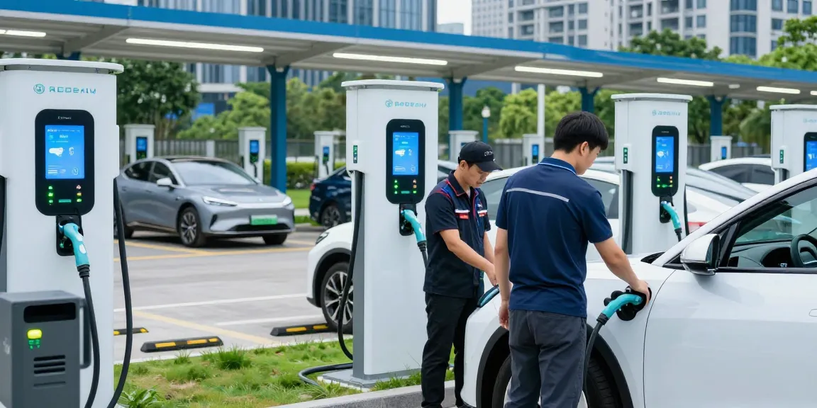 Portable ev charger supplier providing efficient charging solutions at a busy urban EV station.