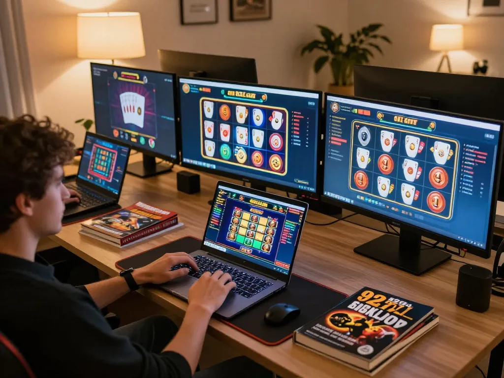 Engaged player exploring 92slot online gaming options on a laptop in a cozy home setting