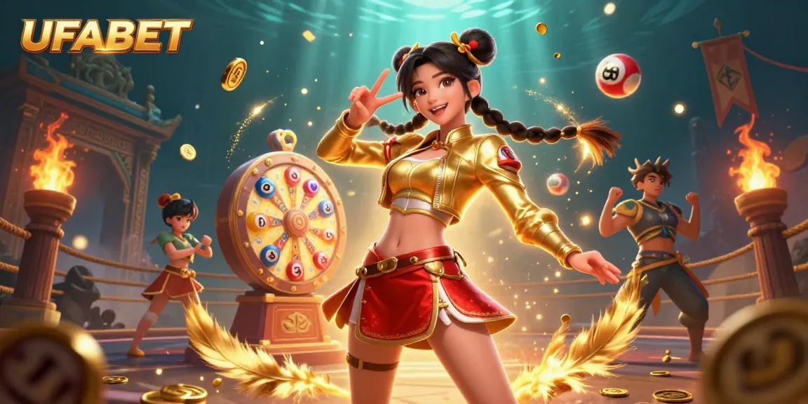 Win big with UFABET in this dynamic casino scene featuring vibrant 3D elements and engaging visuals.