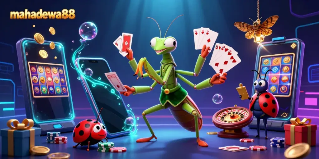 Experience thrilling gameplay at mahadewa88 with a vibrant 3D scene of a card sharp, pit boss, and winning slot games.
