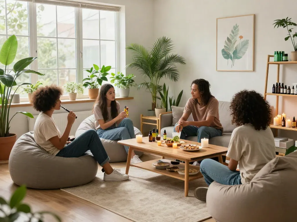 Group enjoying cheap dabs in a cozy living room with CBD products, natural wellness atmosphere.